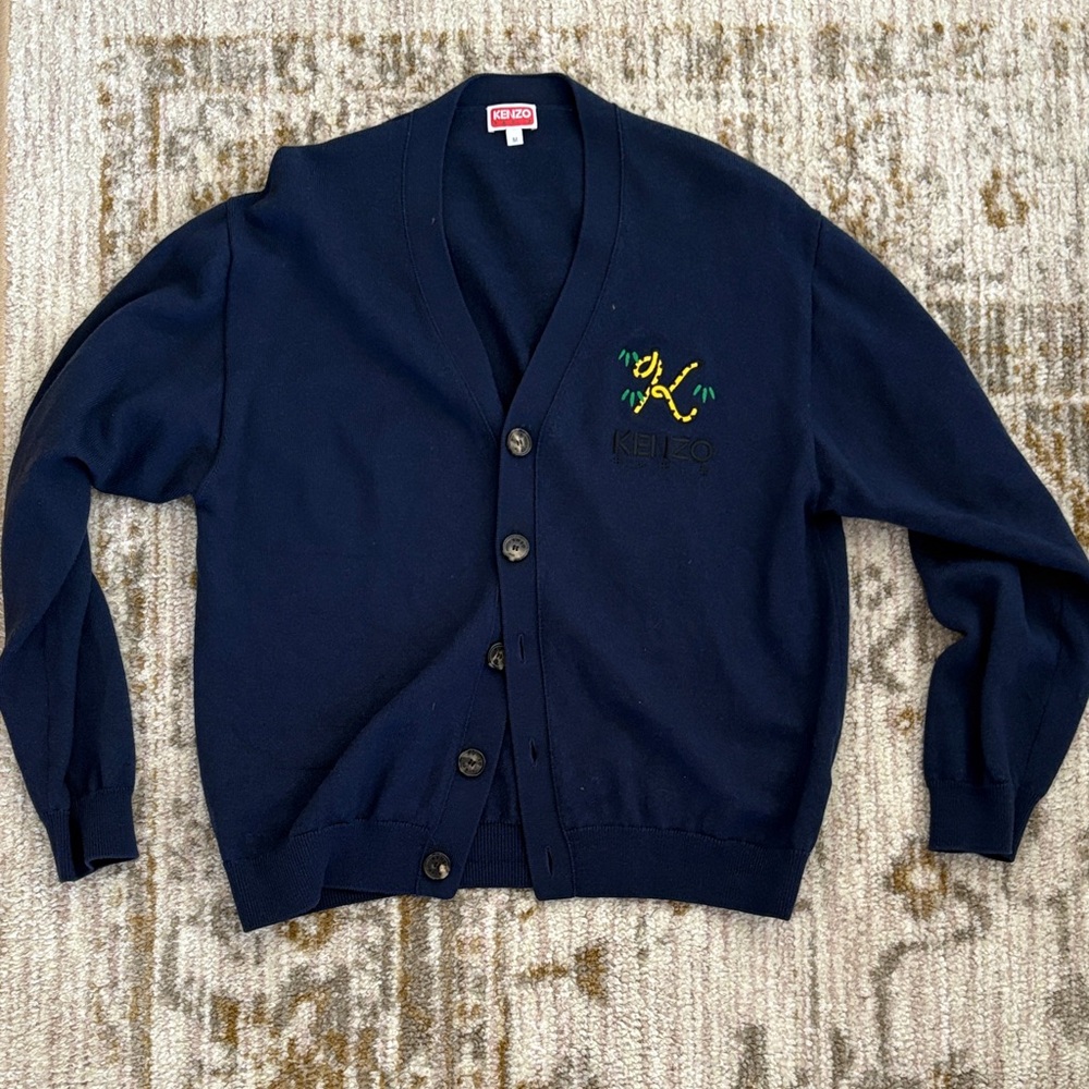 Kenzo Men's Dark Blue Cardigan with Embroidered Logo